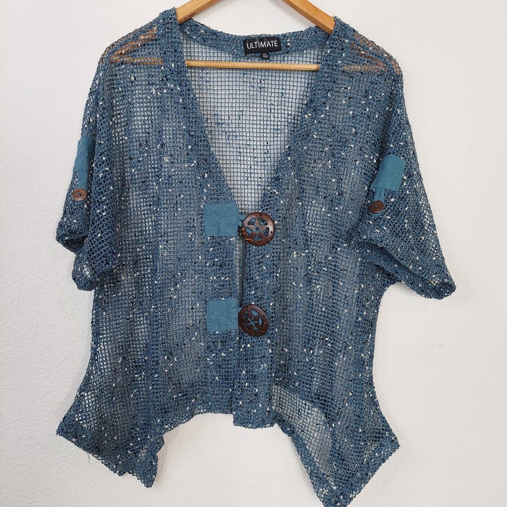 Ultimate Blue Open Knit Mesh Cardigan XL‎ Short Sleeve Hippie Boho Button Shrug